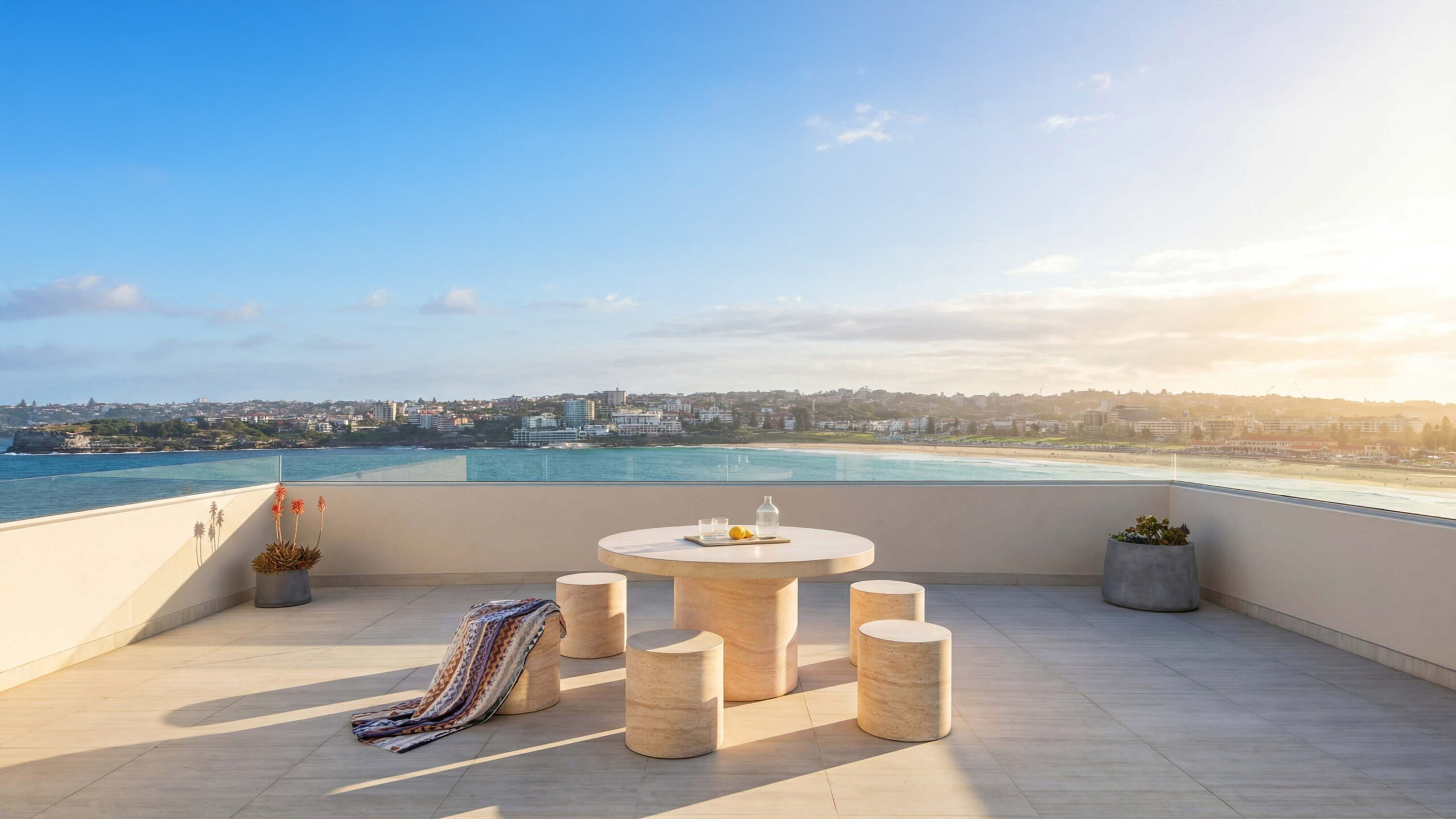 Sunlit rooftop terrace with a round stone table and stools, looking out over the beach and ocean